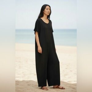 Free People Beach Wide Leg Jumpsuit Size M/L Black Linen Flowy Relaxed Boho